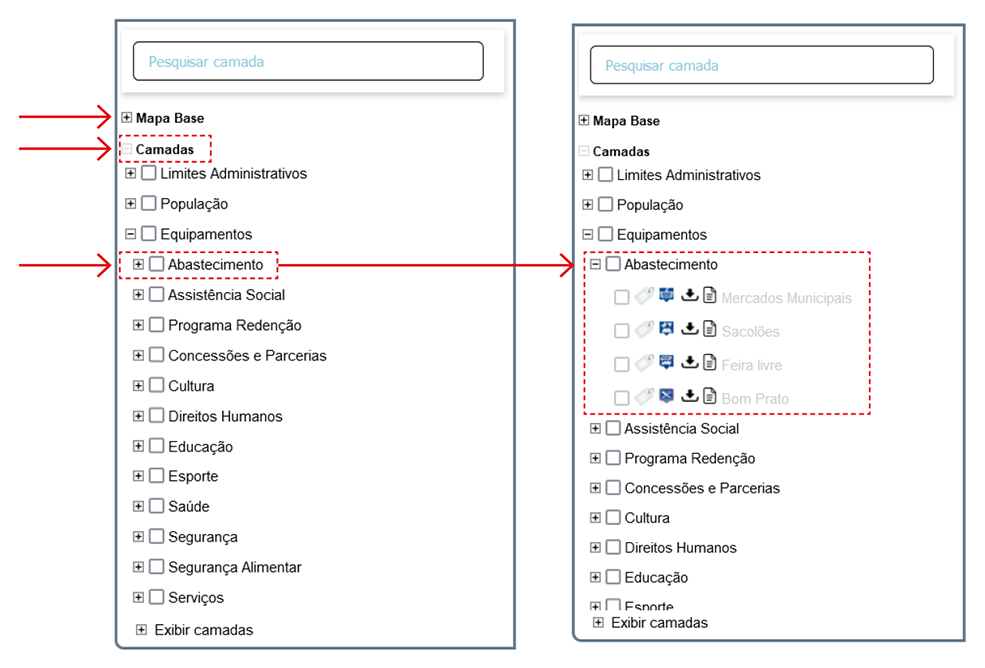caixa de diálogo para seleção de mapas base e camadas, com destaque para
                            os menus 'Mapa Base', 'Camadas' e para o tema 'Absatecimento dentro do menu de camadas